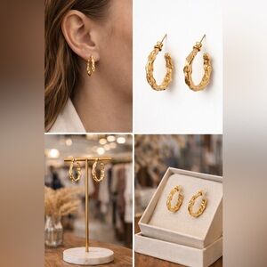 ✨Artisanal gold tone sculptural hammered hoop earrings✨